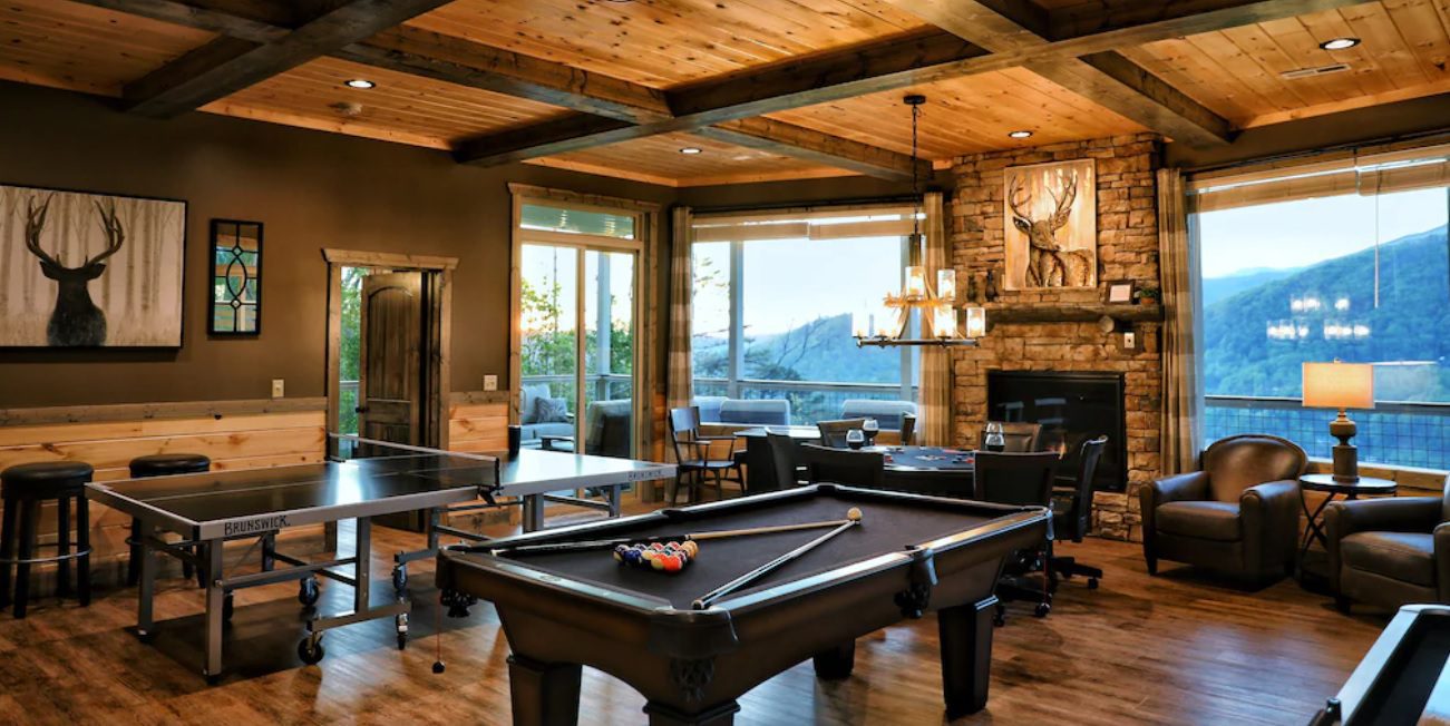 reno pool table with brunswick ping pong table in a cabin overlooking the Smoky Mountains